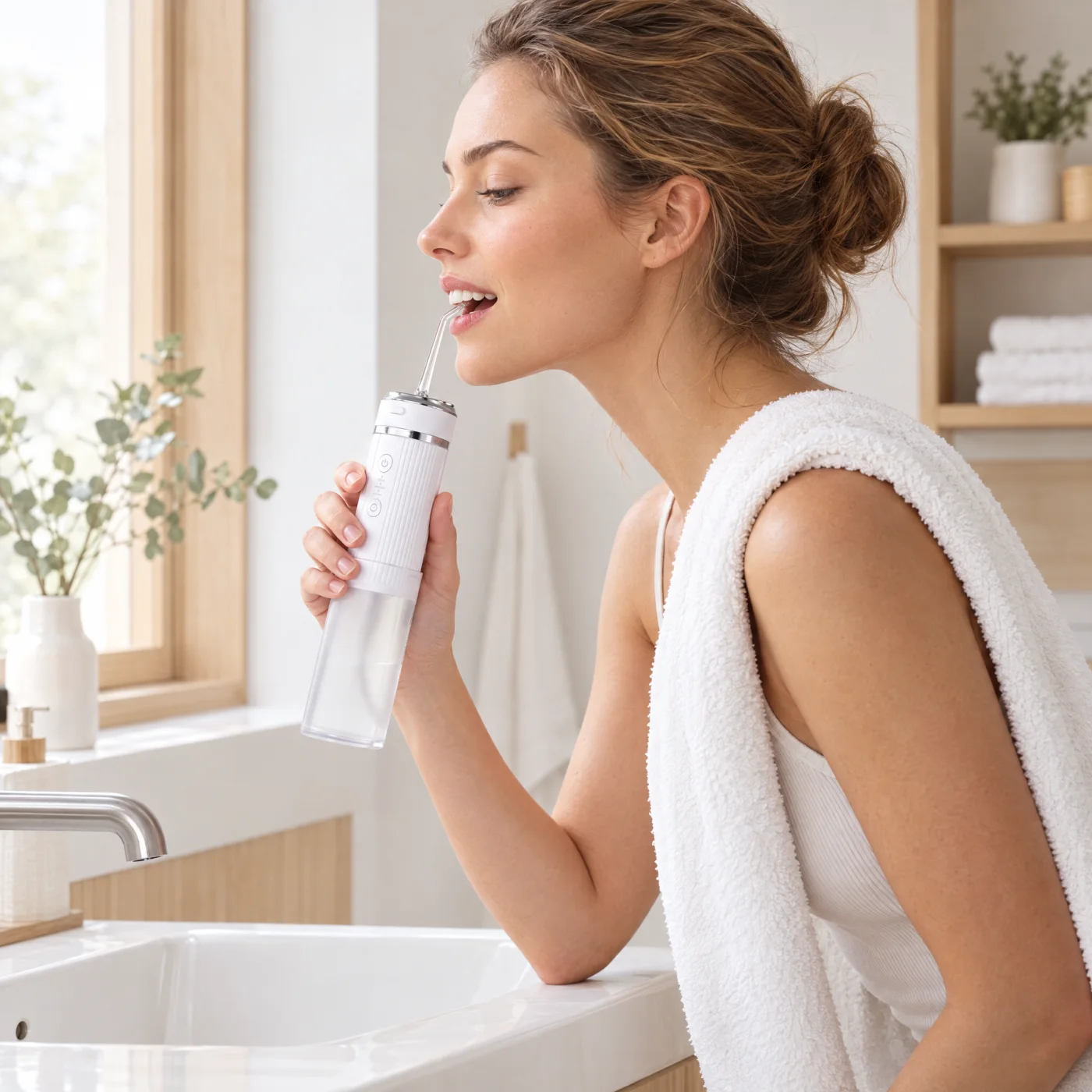 Anwendung der Munddusche Pro am Waschbecken (Model)