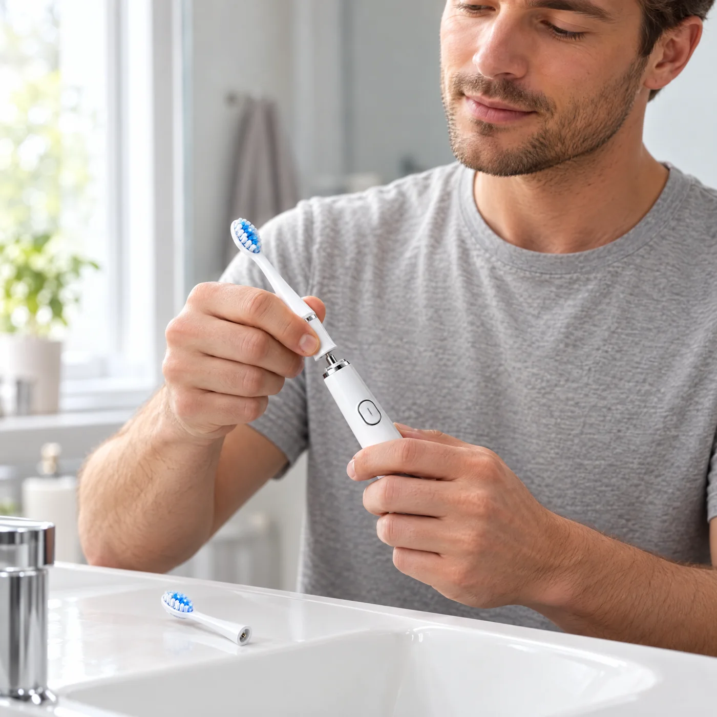 Ein neuer Kopf wird auf die WeSmile-Schallzahnbürste gesteckt (Model)