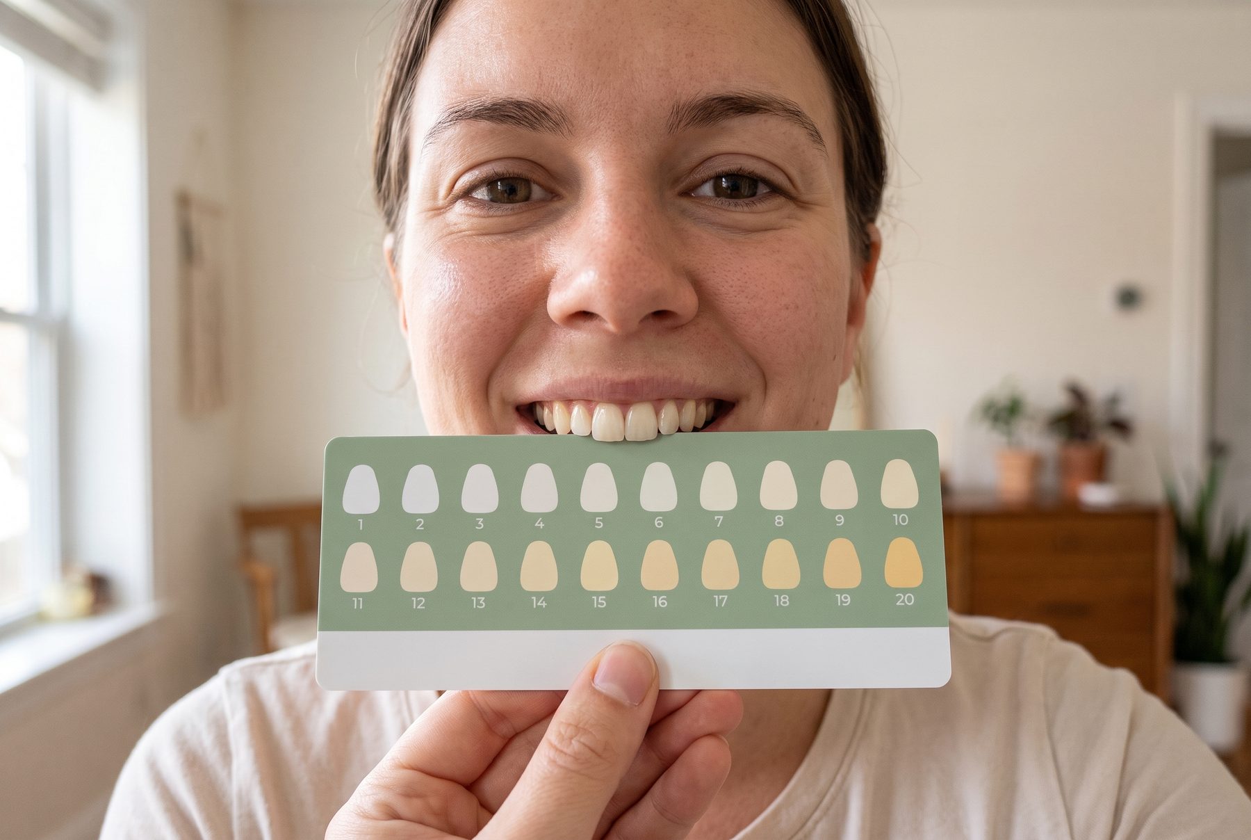 Eine Kundin hält die WeSmile-Farbskala mit 20 Stufen neben ihre Zähne