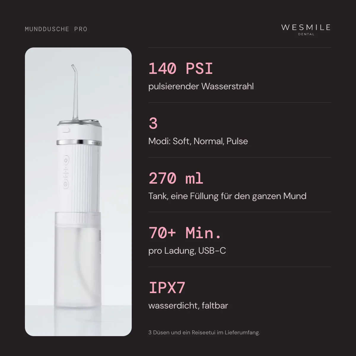 140 PSI, 3 Modi, 270-ml-Tank, über 70 Minuten pro Ladung, IPX7